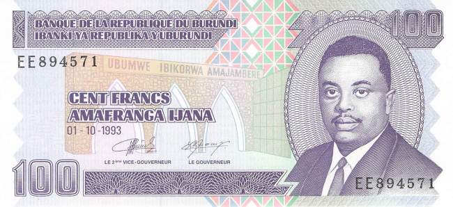 Burundi p37a 100 Francs 1993